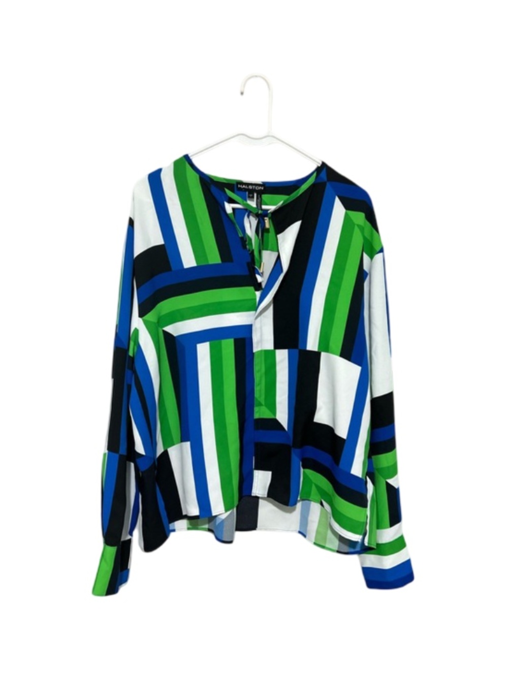 Halston Large Green Blue Colorblock Pattern Long Sleeve Blouse Shirt